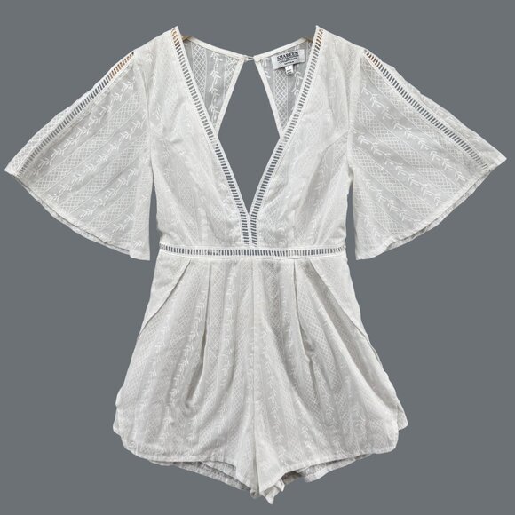 Shareen Collections Romper Womens White V Neck Bell Sleeve Tie Back Size 8 - Picture 1 of 13